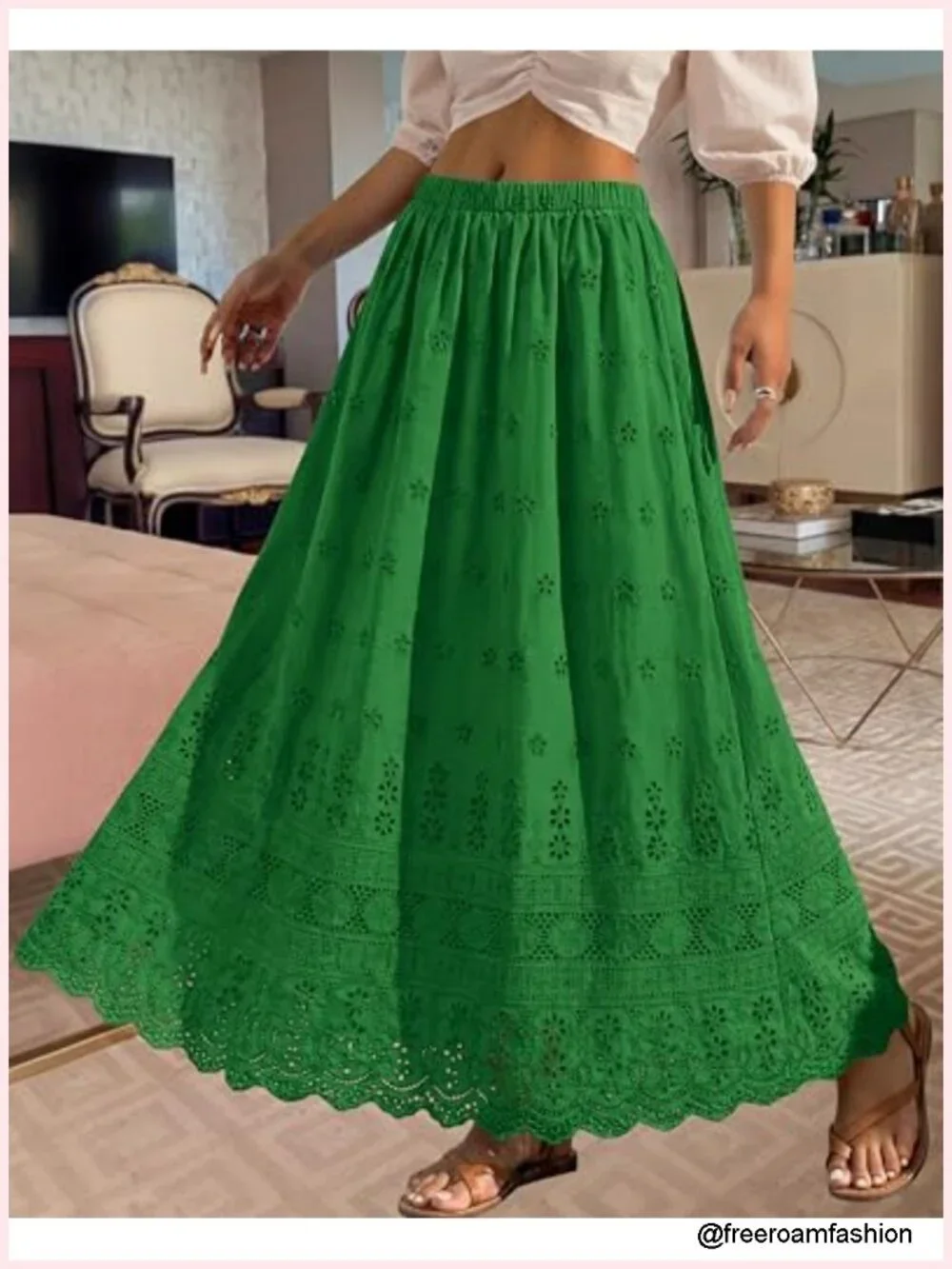 Women Boho Eyelet A-Line Flowy Maxi Skirt Cotton High Waist